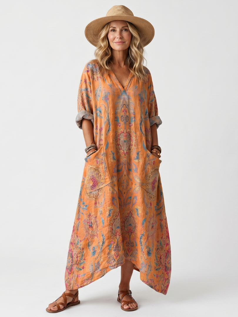 Remi | Notch Neck Printed Oversized Pocket Midi Klänning