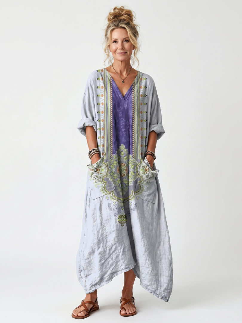 Raina | Kontrastpanel Broderad Oversized Fick Midi Klänning