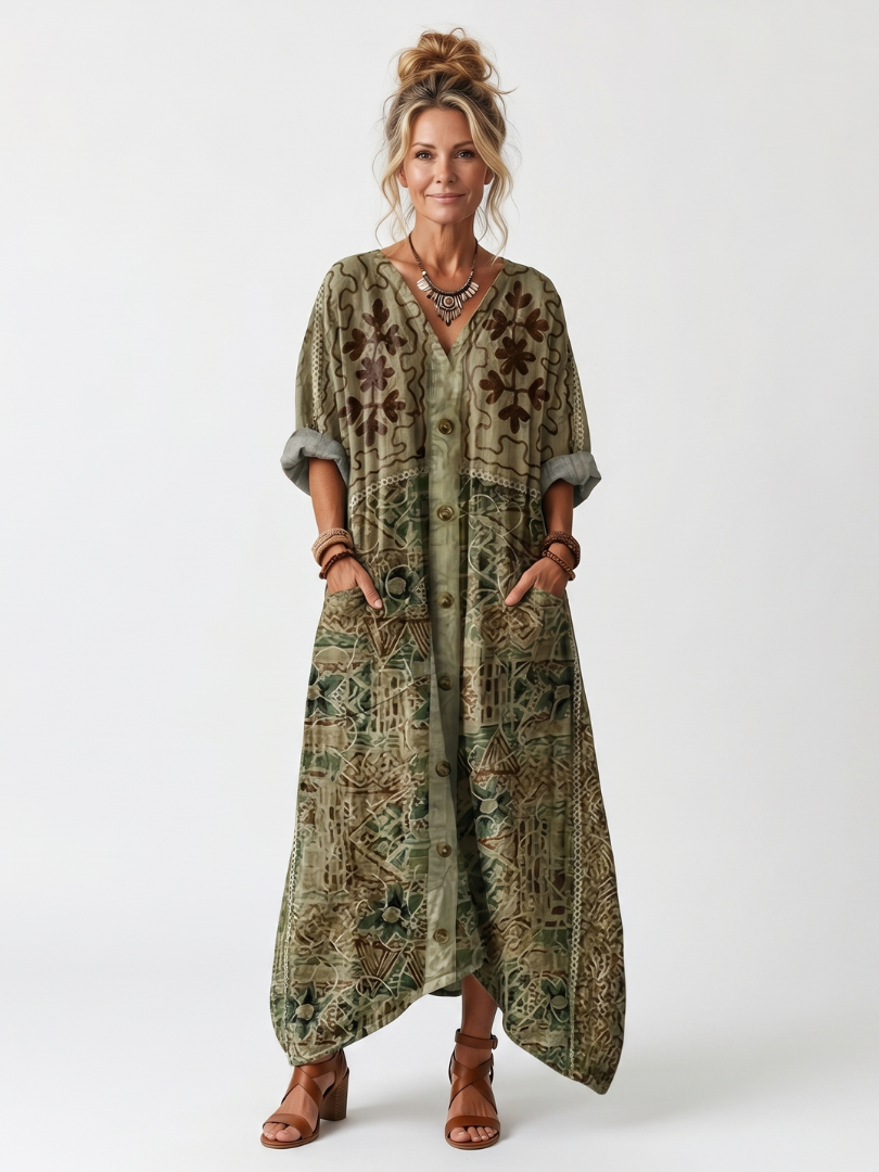 Aleta | Broderad Oversized Midi Klänning med Knappfront och Fickor