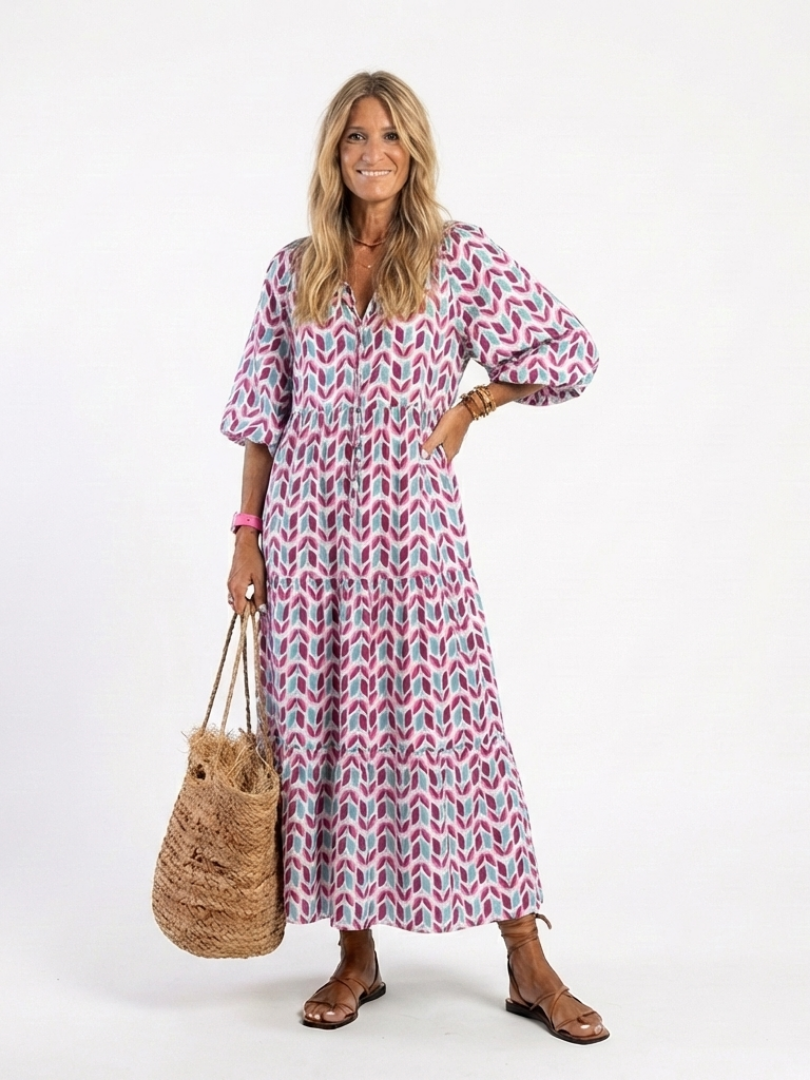 Mireya | Geometrisk Tryck Långärmad Tiered Midi Klänning