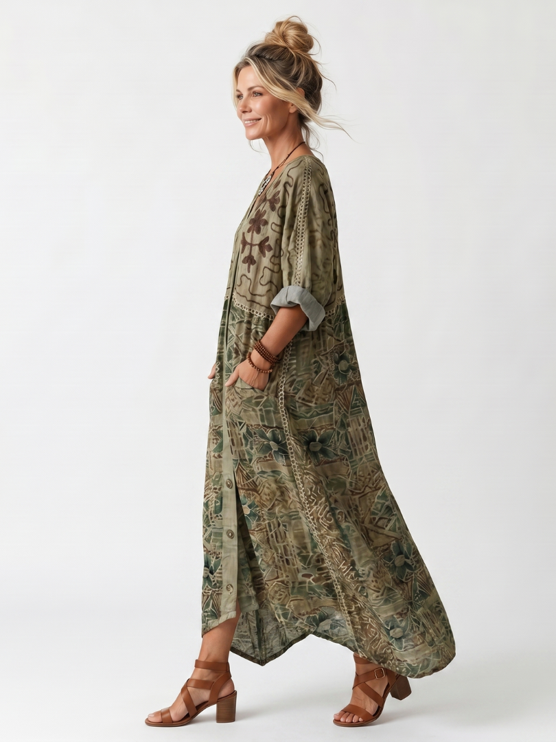 Aleta | Broderad Oversized Midi Klänning med Knappfront och Fickor