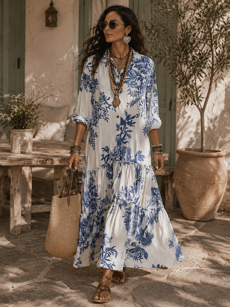 Belinda | Bohemisk Blå Blommig Knapp-up Maxi Klänning