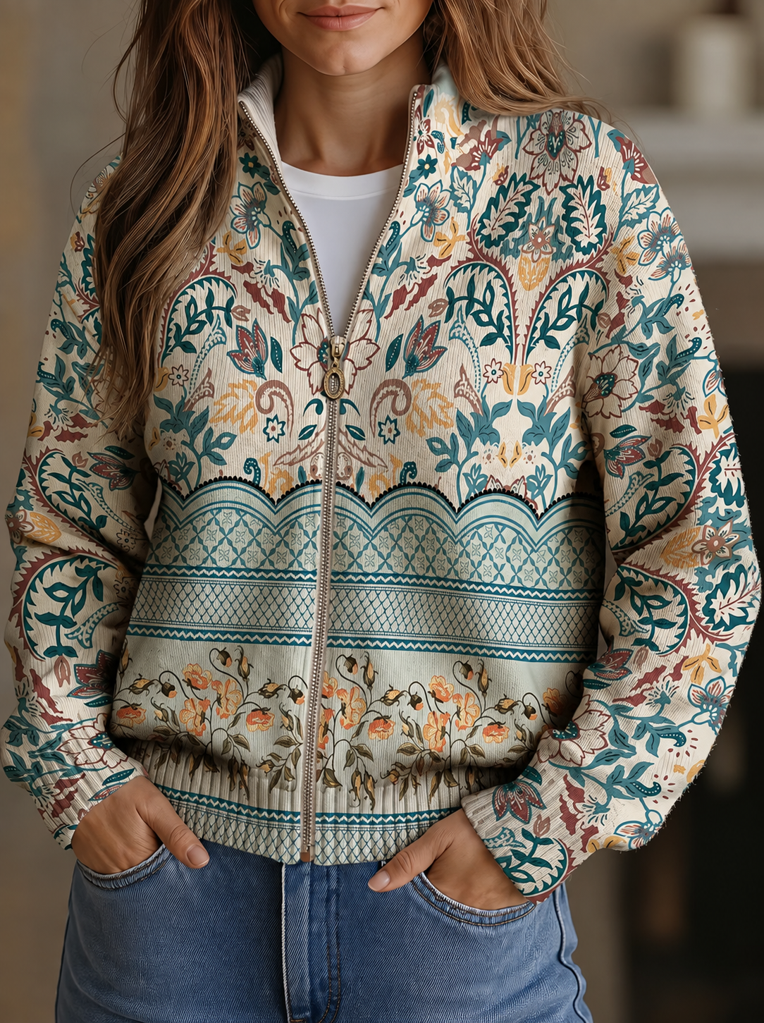 Sybilla | Kofta med botaniskt vintageblommönster och bård