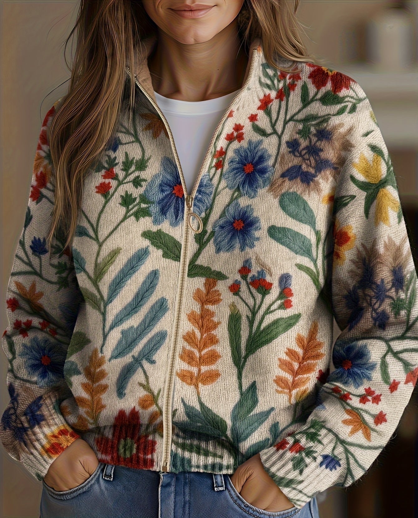 Tabitha | Kofta med trädgårdsblommor och dragkedja
