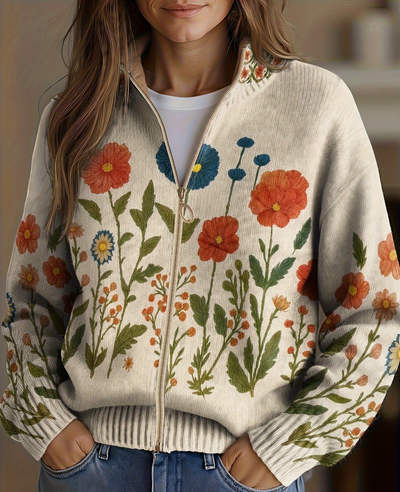 Wrenna | Kofta med ängsblommor och dragkedja