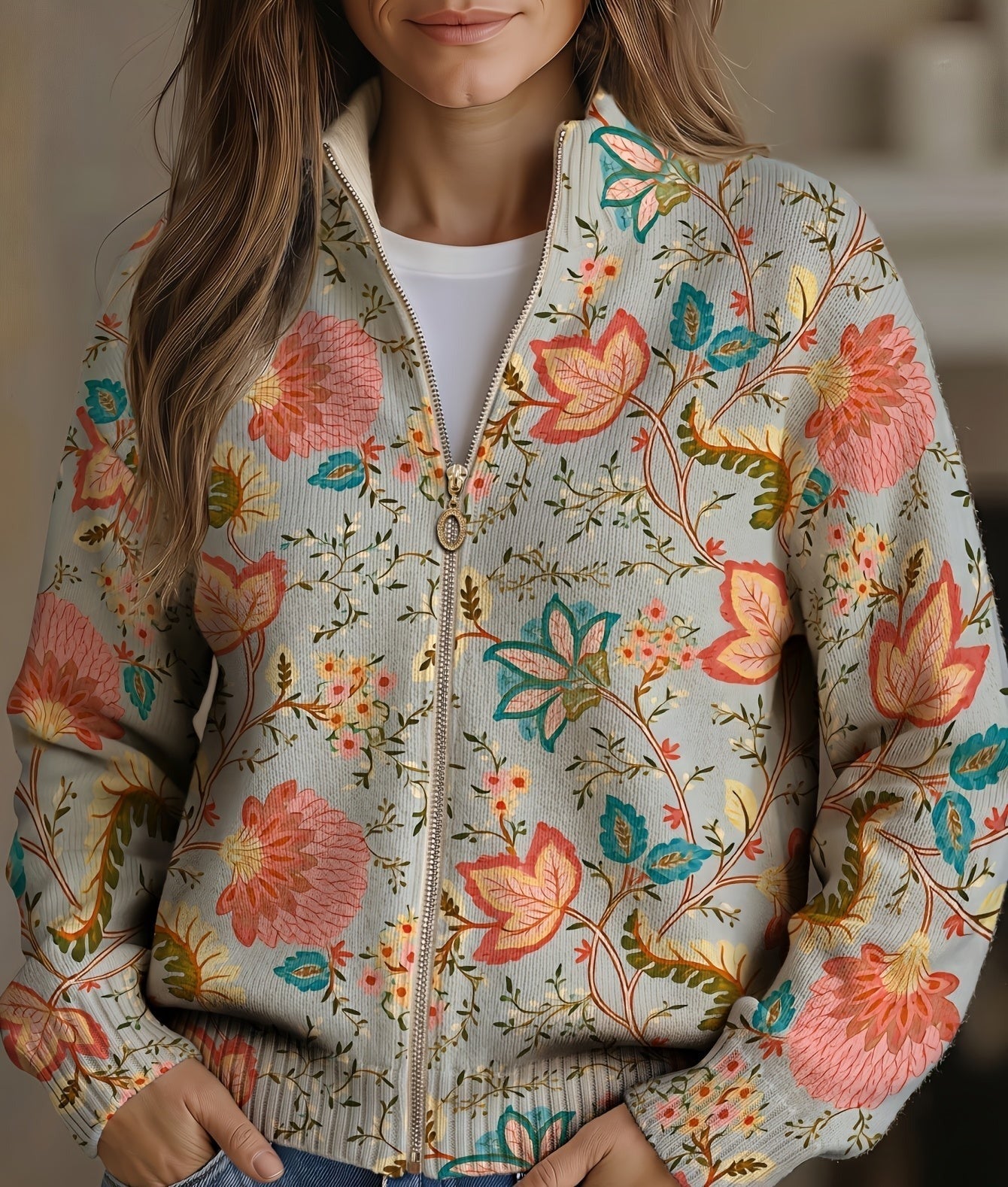 Xanthe | Kofta med vintage trädgårdsblommor och dragkedja
