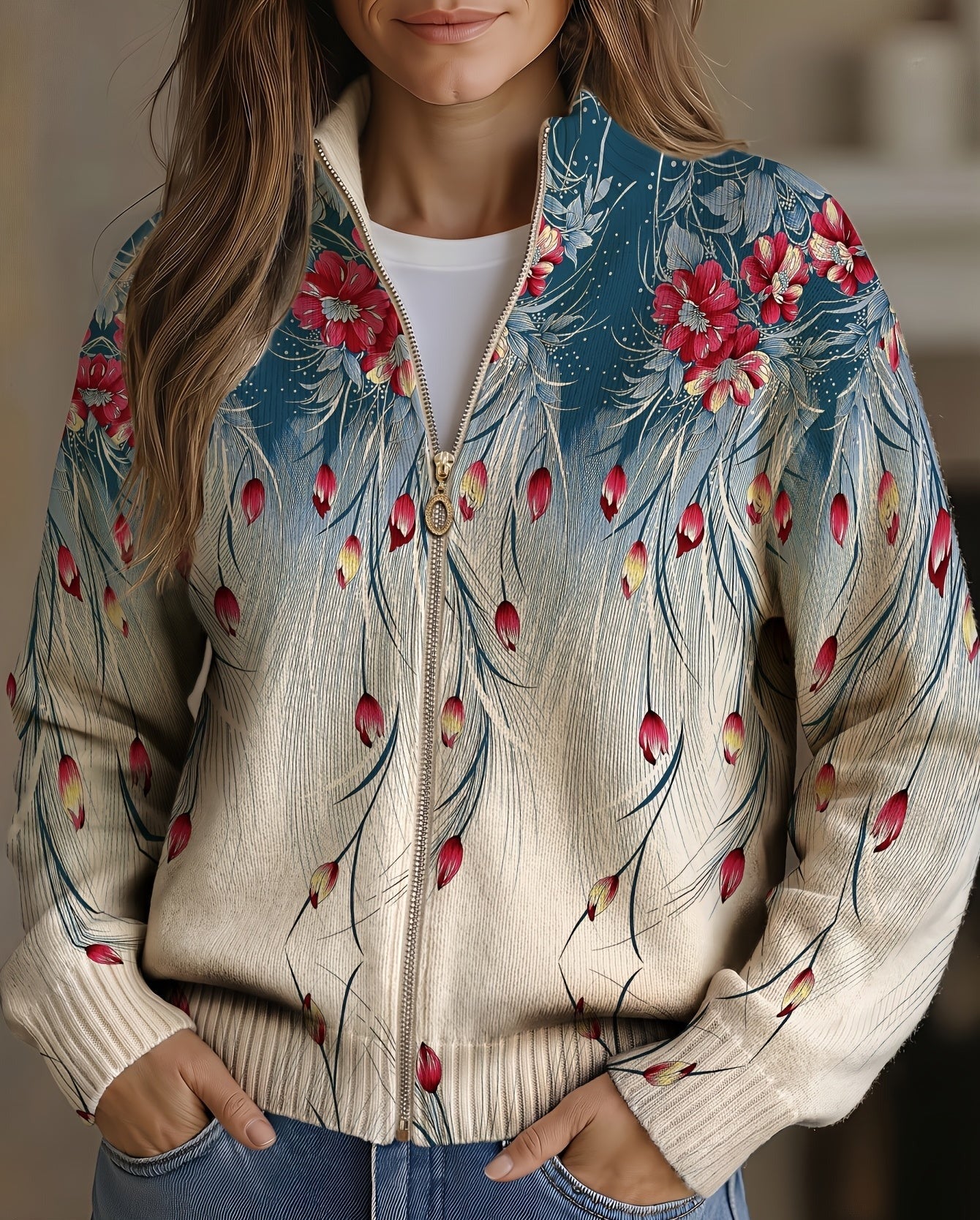 Zillah | Floral Peacock Feather Gradient Print Cardigan